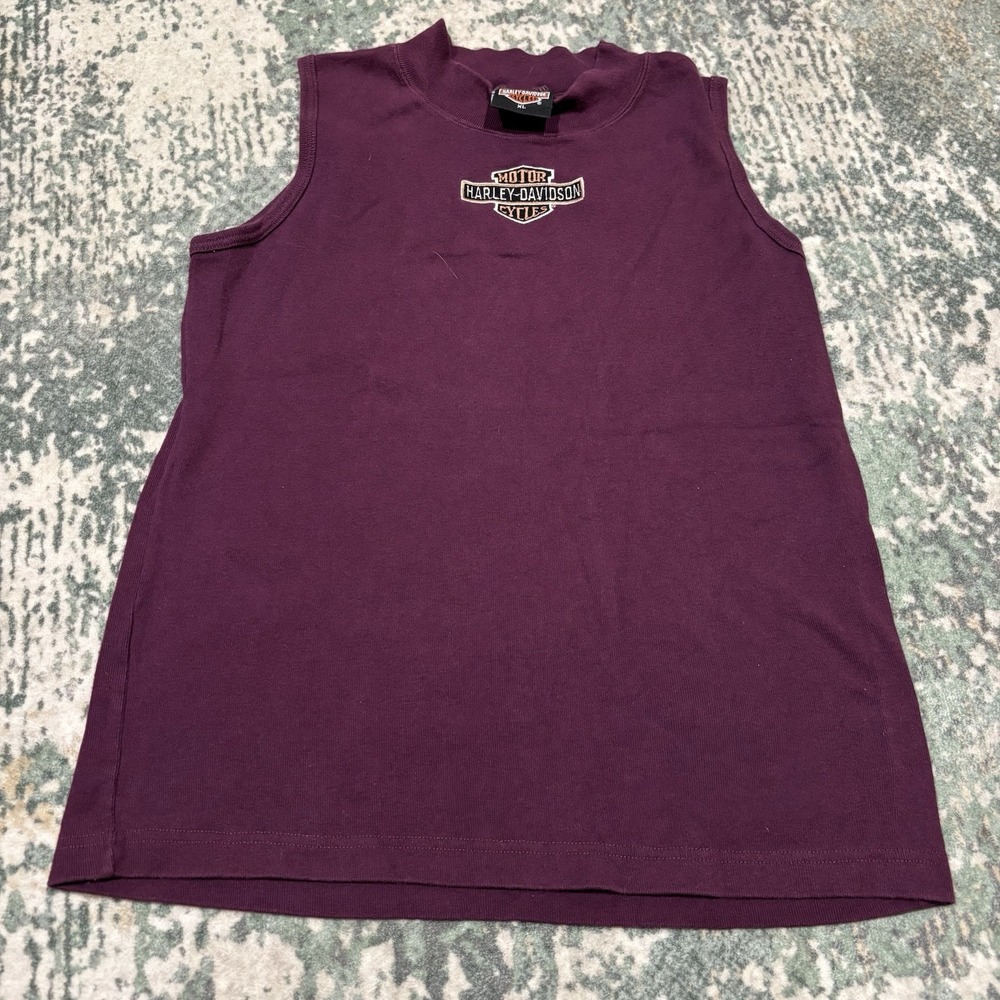 Vintage 90s Harley Davidson Mock Neck Tank Top XL Purple Embroidered Made in USA